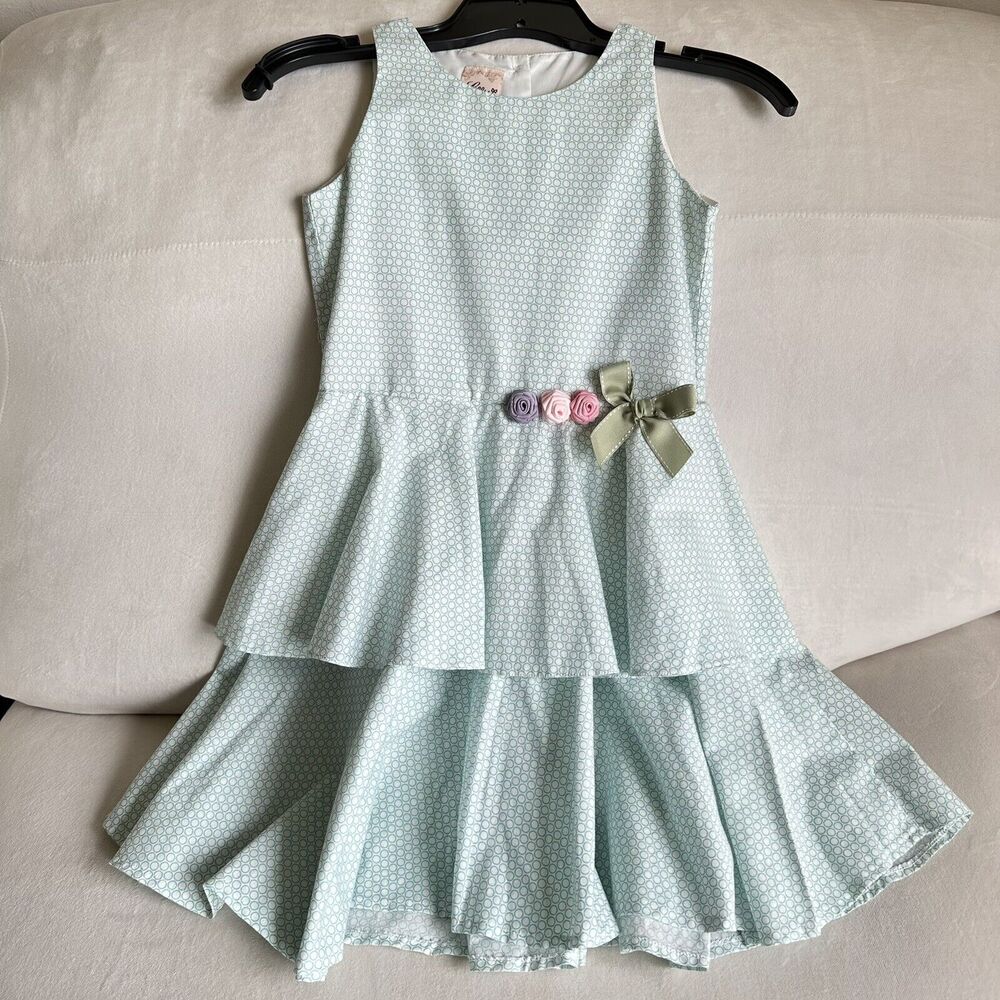 Lily Girls Green Layered Dress with Roses & Bow Size 10 B25